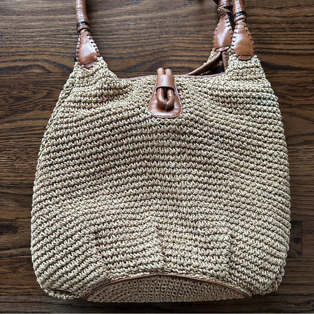Brighton woven raffia straw and leather shoulder bag boho hobo